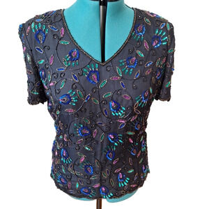 Vintage 80s/90s Papell Boutique Black Silk Beaded Top Blouse Size Large Sequins